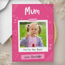 (image for) Personalised Pink Polaroid Wreath Photo Upload Greeting Card