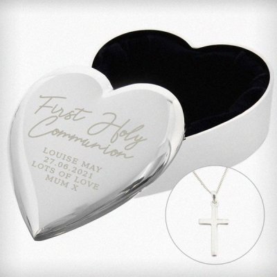 (image for) Personalised First Holy Communion Heart Trinket Box & Cross Necklace Set
