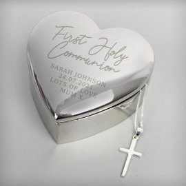 (image for) Personalised First Holy Communion Heart Trinket Box & Cross Necklace Set