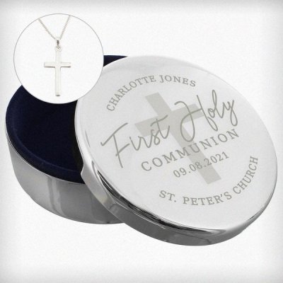 (image for) Personalised First Holy Communion Round Trinket Box & Cross Necklace Set