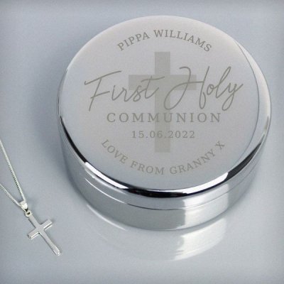 (image for) Personalised First Holy Communion Round Trinket Box & Cross Necklace Set