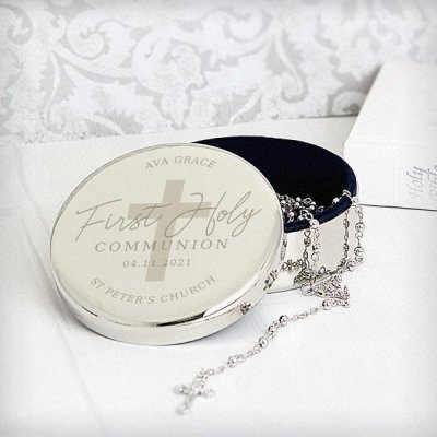 (image for) Personalised First Holy Communion Round Trinket Box & Rosary Beads Set
