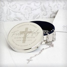 (image for) Personalised First Holy Communion Round Trinket Box & Rosary Beads Set
