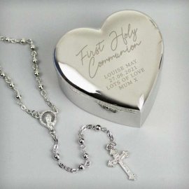 (image for) Personalised First Holy Communion Rosary Beads and Cross Heart Trinket Box
