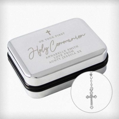 (image for) Personalised First Holy Communion Rosary Beads and Cross Trinket Box