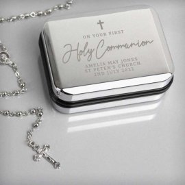 (image for) Personalised First Holy Communion Rosary Beads and Cross Trinket Box