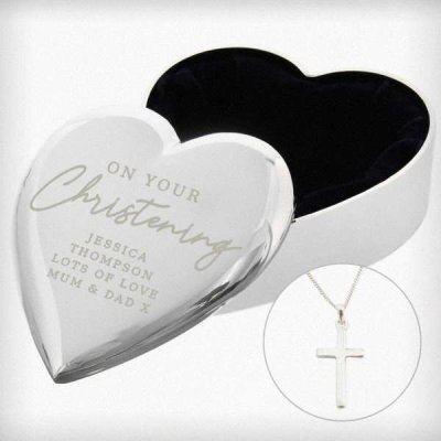 (image for) Personalised Christening Heart Trinket Box & Cross Necklace Set
