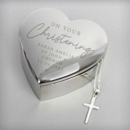 (image for) Personalised Christening Heart Trinket Box & Cross Necklace Set