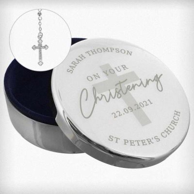 (image for) Personalised Christening Round Trinket Box & Rosary Beads Set