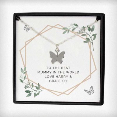 (image for) Personalised Botanical Sentiment Butterfly Necklace and Box