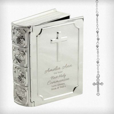 (image for) Personalised First Holy Communion Bible Trinket Box with Rosary Beads