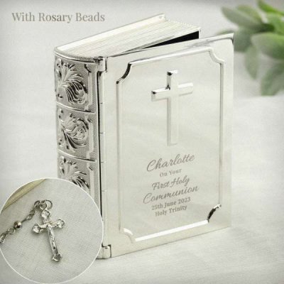 (image for) Personalised First Holy Communion Bible Trinket Box with Rosary Beads
