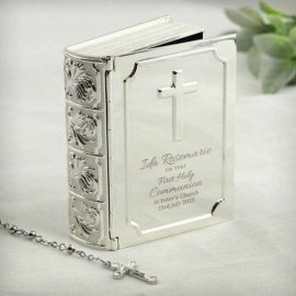 (image for) Personalised First Holy Communion Bible Trinket Box with Rosary Beads