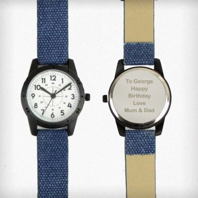 (image for) Personalised Black with Blue Canvas Strap Boys Watch