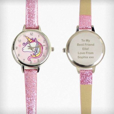 (image for) Personalised Unicorn with Pink Glitter Strap Girls Watch