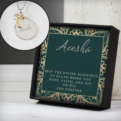 (image for) Personalised Sentiment Eid Moon & Star Sterling Silver Necklace and Box