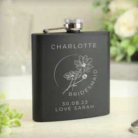 (image for) Personalised Monochrome Floral Wedding Party Black Hip Flask