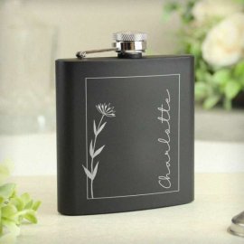(image for) Personalised Monochrome Floral Name Wedding Party Black Hip Flask