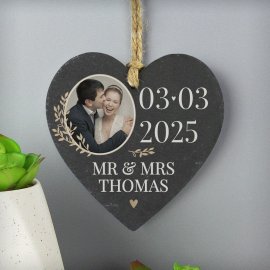 (image for) Personalised Large Date Photo Upload Slate Heart Decoration