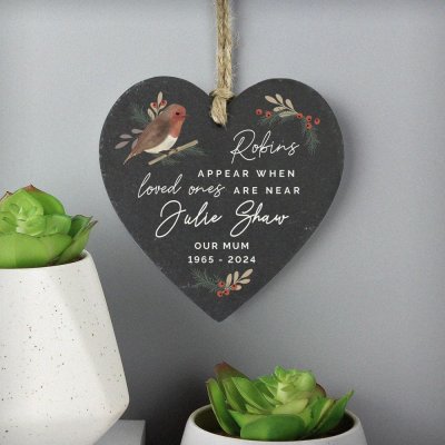 Personalised Memorial Robins Appear Slate Heart (image for) Personalised Memorial Robins Appear Slate Heart
