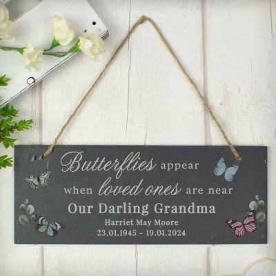 Personalised Memorial Butterflies Appear Slate Hanging Ornament (image for) Personalised Memorial Butterflies Appear Slate Hanging Ornament
