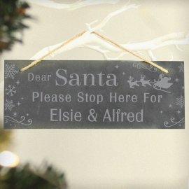 (image for) Personalised Santa Please Stop Here... Hanging Slate Sign