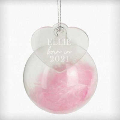 (image for) Personalised Born In Pink Feather Glass Bauble With Heart Tag