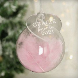 (image for) Personalised Born In Pink Feather Glass Bauble With Heart Tag