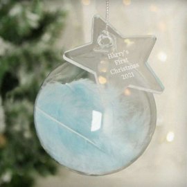 (image for) Personalised Free Text Blue Feather Glass Bauble With Star Tag