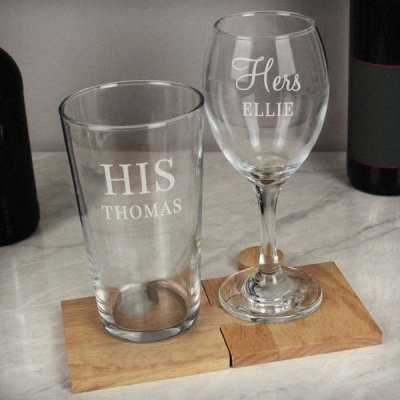 (image for) Personalised His & Her Pint and Wine Glass Set