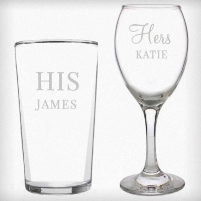 (image for) Personalised His & Her Pint and Wine Glass Set