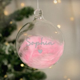 (image for) Personalised Pink Feather Silver Heart Glass Bauble