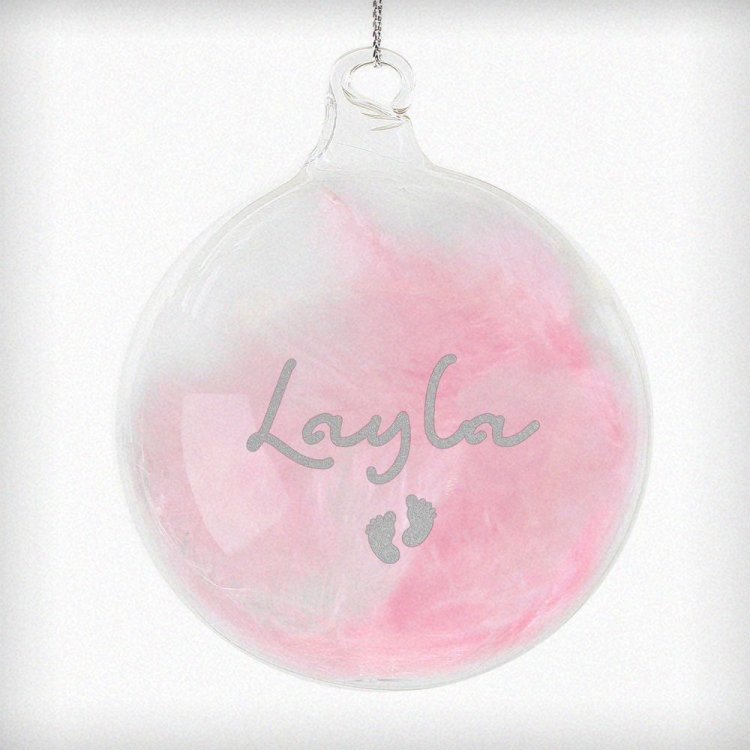 Modal Additional Images for Personalised Pink Feather Silver Footprints Glass Bauble