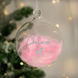 (image for) Personalised Pink Feather Silver Footprints Glass Bauble