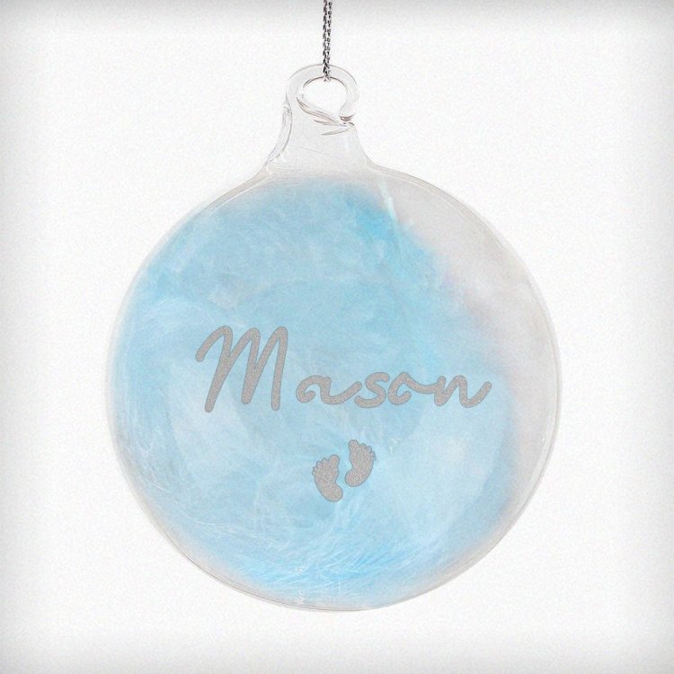 Modal Additional Images for Personalised Blue Feather Silver Footprints Glass Bauble
