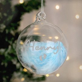 (image for) Personalised Blue Feather Silver Footprints Glass Bauble