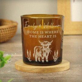 (image for) Personalised Engraved Highland Cow Amber Glass Candle