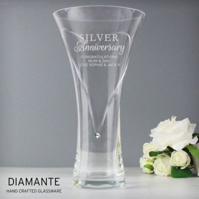 (image for) Personalised Silver Anniversary Large Hand Cut Diamante Heart Vase