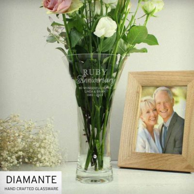 (image for) Personalised Ruby Anniversary Large Hand Cut Diamante Heart Vase