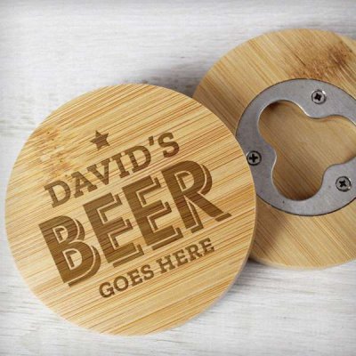(image for) Personalised Beer Goes Here Bamboo Bottle Opener Coaster