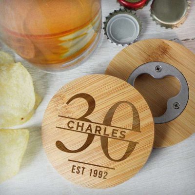 (image for) Personalised Big Age Bamboo Bottle Opener Coaster and Pint Glass Set