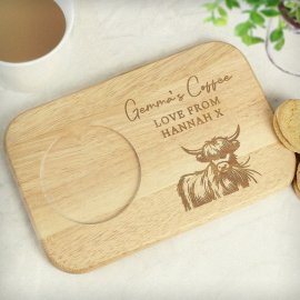 (image for) Personalised Highland Cow Wooden Coaster Tray
