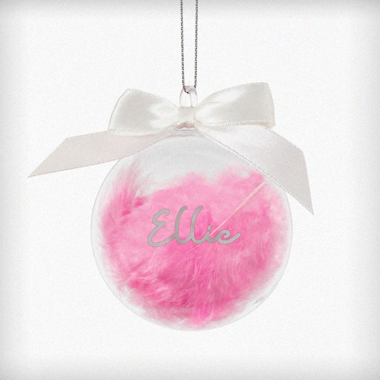 Modal Additional Images for Personalised Pink Feather Name Glass Bauble With Ribbon