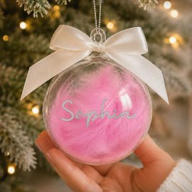 (image for) Personalised Pink Feather Name Glass Bauble With Ribbon