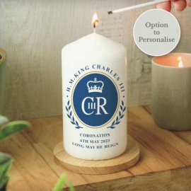 (image for) Personalised King Charles III Blue Crest Coronation Commemorative Pillar Candle