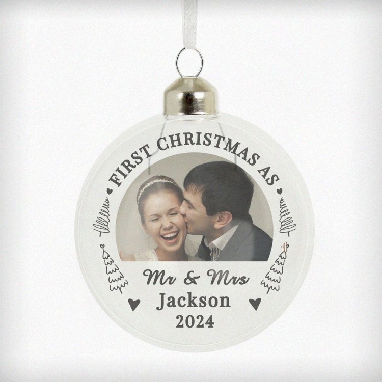 Modal Additional Images for Personalised First Married Christmas Photo Upload Glass Bauble