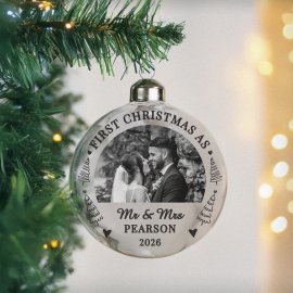 (image for) Personalised First Married Christmas Photo Upload Glass Bauble