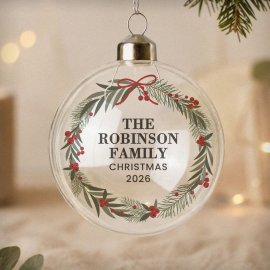 (image for) Personalised Green Christmas Wreath Glass Bauble