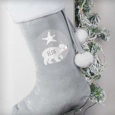 (image for) Personalised Baby Polar Bear Luxury Silver Grey Stocking