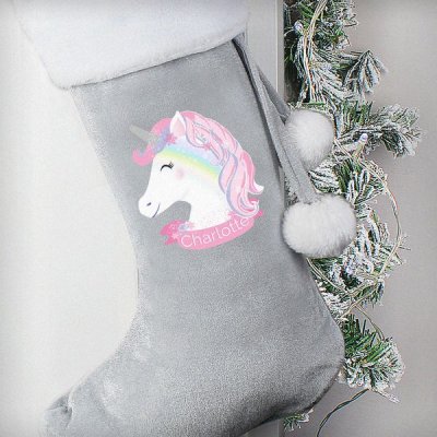 (image for) Personalised Christmas Unicorn Luxury Silver Grey Stocking